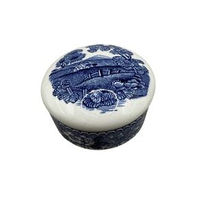 Adams Real English Ironstone Trinket Box Blue & White Scenery Made in England